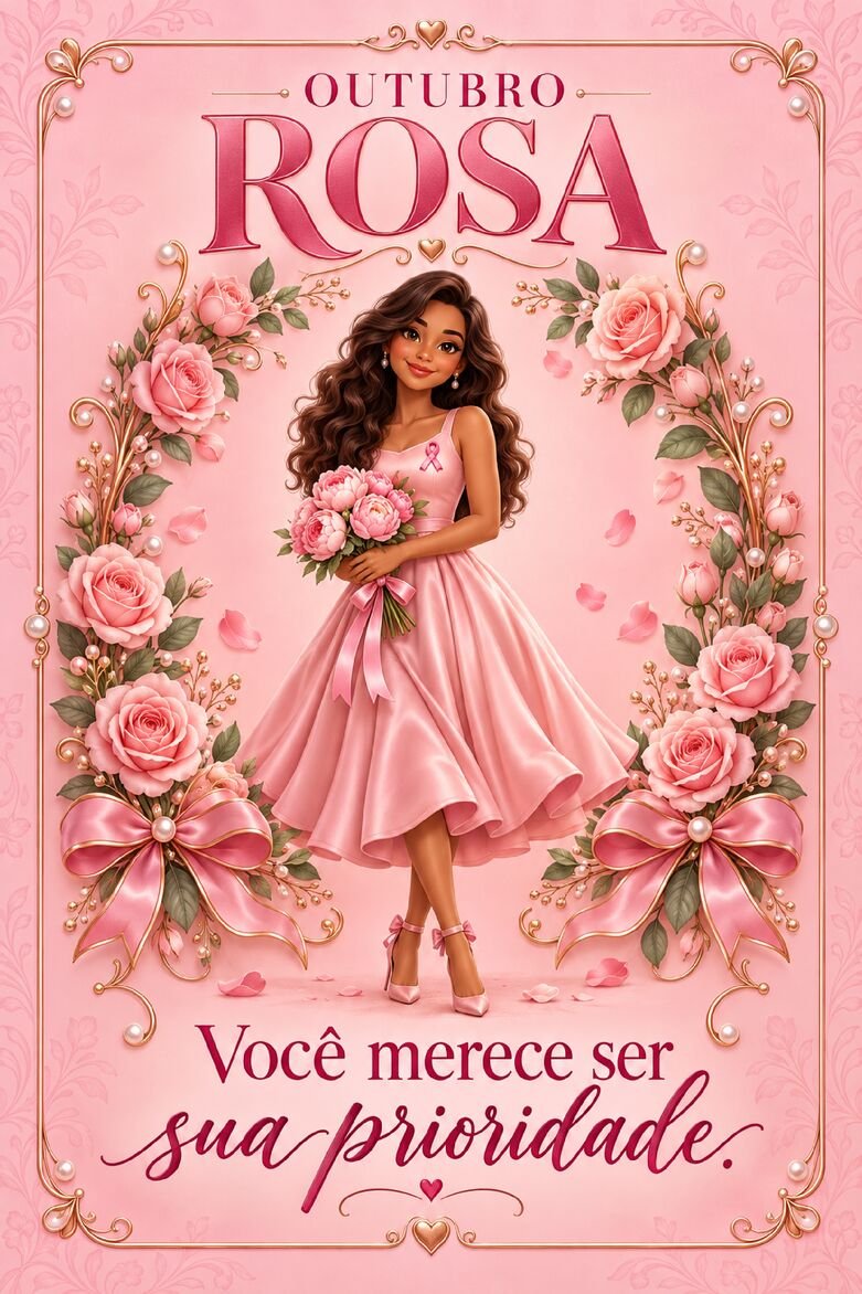 Cartão Outubro Rosa com ilustração de mulher de vestido rosa segurando flores entre arranjos de rosas